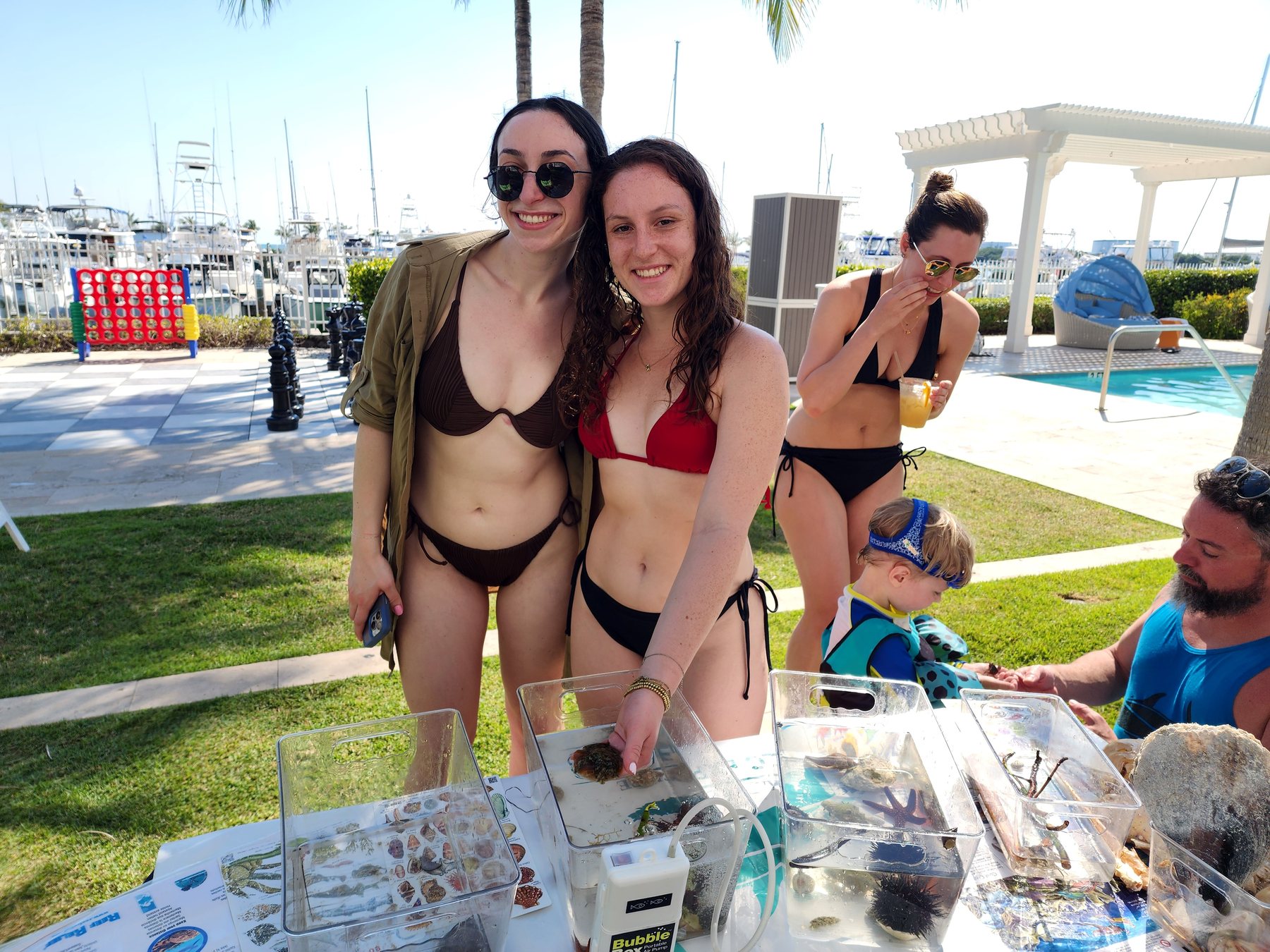 Resort guests exploring marine life at a hands-on touch table